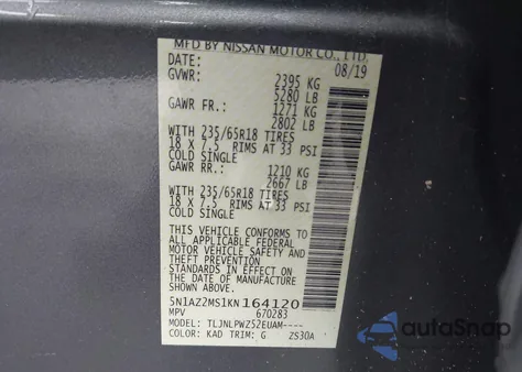 2019 Nissan Murano S from USA, damaged, VIN 5N1AZ2MS1KN164120